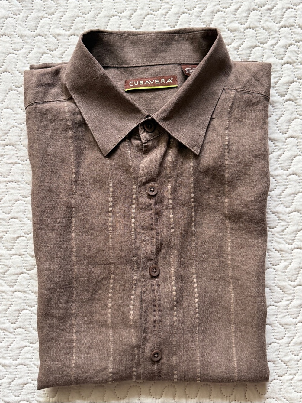 Cubavera Men’s Large Brown 100% Linen Guayabera Short Sleeve Button Up Shirt